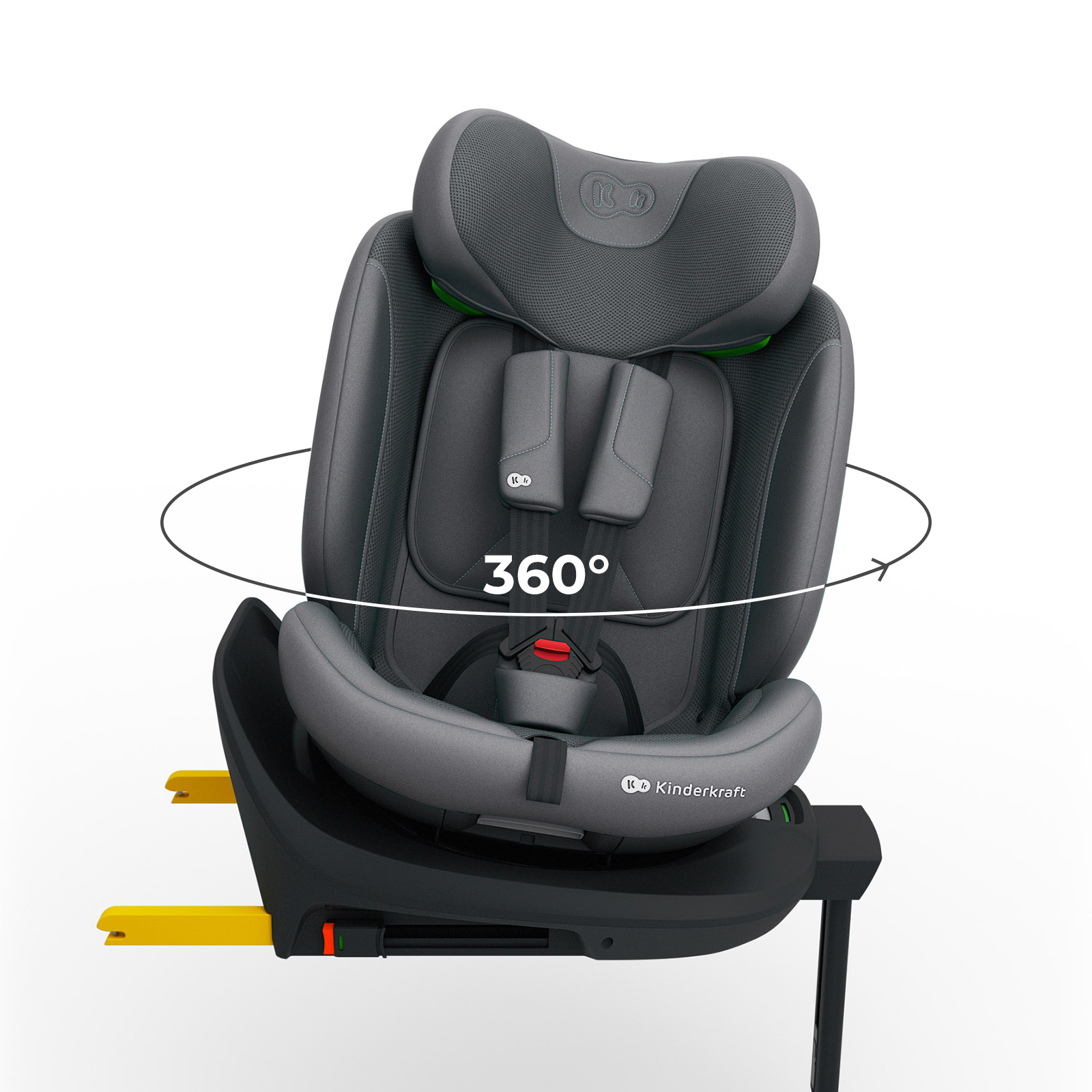 Asiento de coche gris con rotación de 360 grados sobre base negra con soportes amarillos.