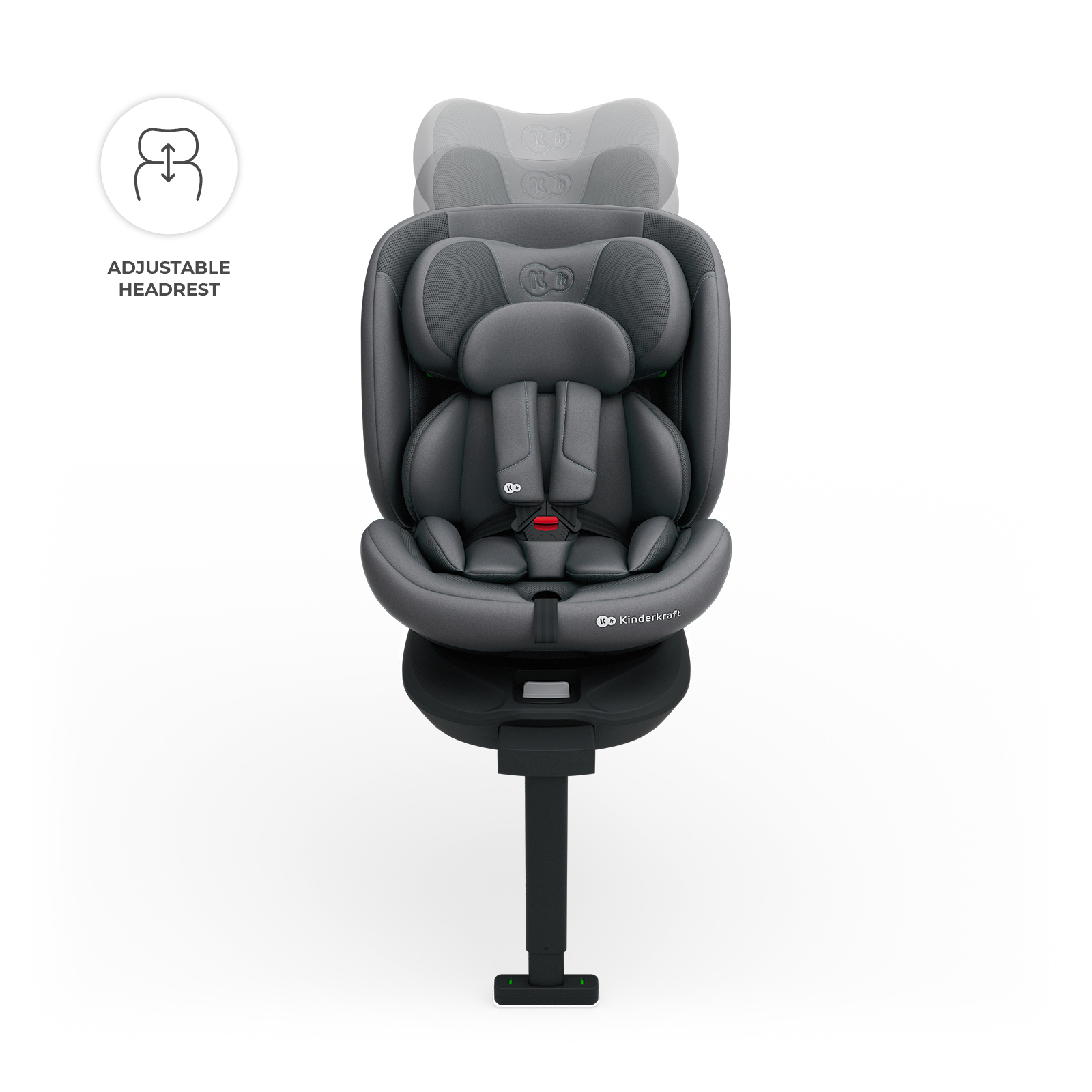 Asiento de coche gris con reposacabezas ajustable y arnés de 5 puntos.
