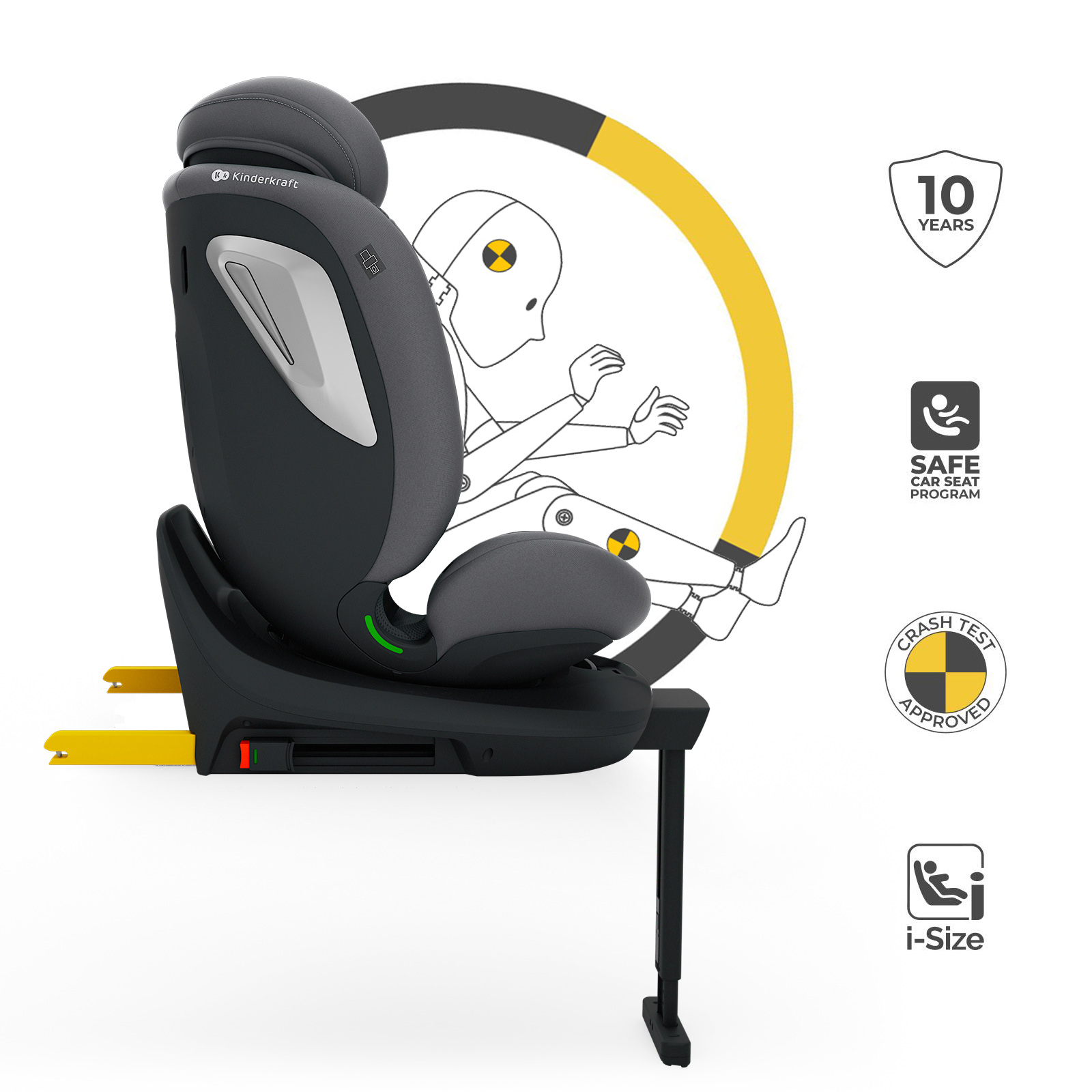 Ein Kindersitz mit einer stilisierter Crash-Test-Puppe, 10 Jahre, i-Size.