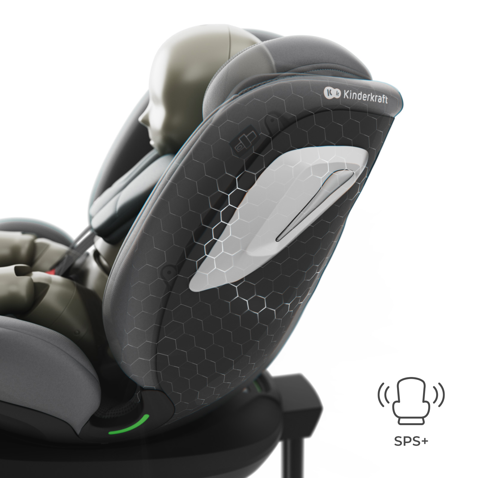 Asiento de coche para niños con protección cabeza y lateral, logo SPS+.