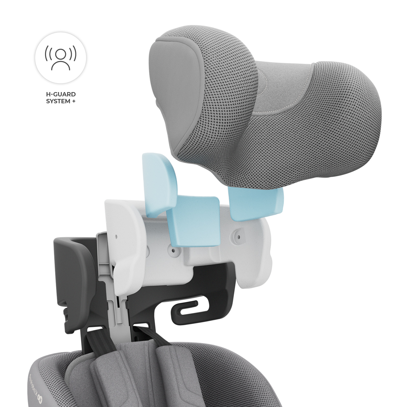 Reposacabezas del sistema H-Guard gris con soportes azules sobre fondo blanco.
