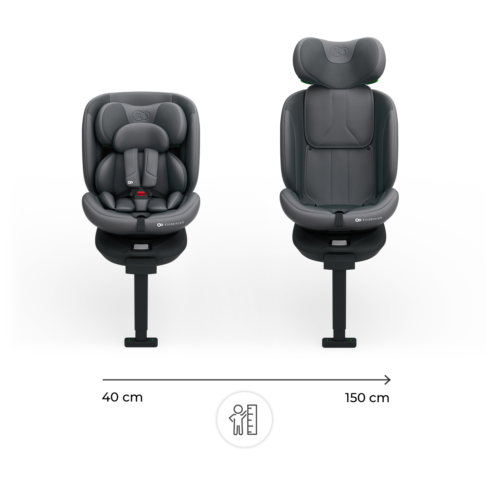 Dos sillas de coche grises sobre soportes negros, se indica tamaño 40-150 cm.