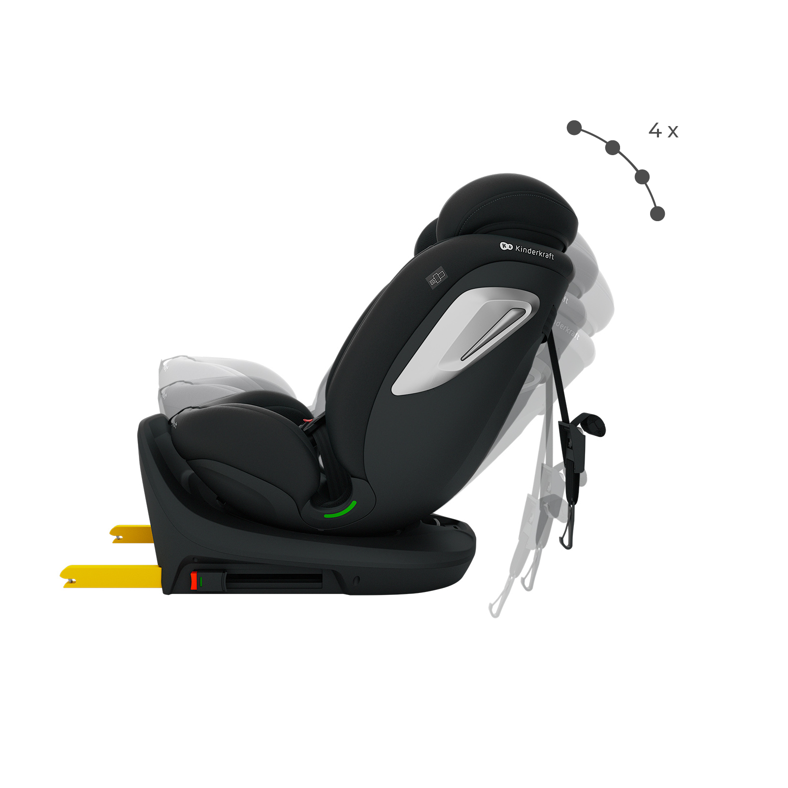 Asiento de coche negro con soportes amarillos y respaldo ajustable.