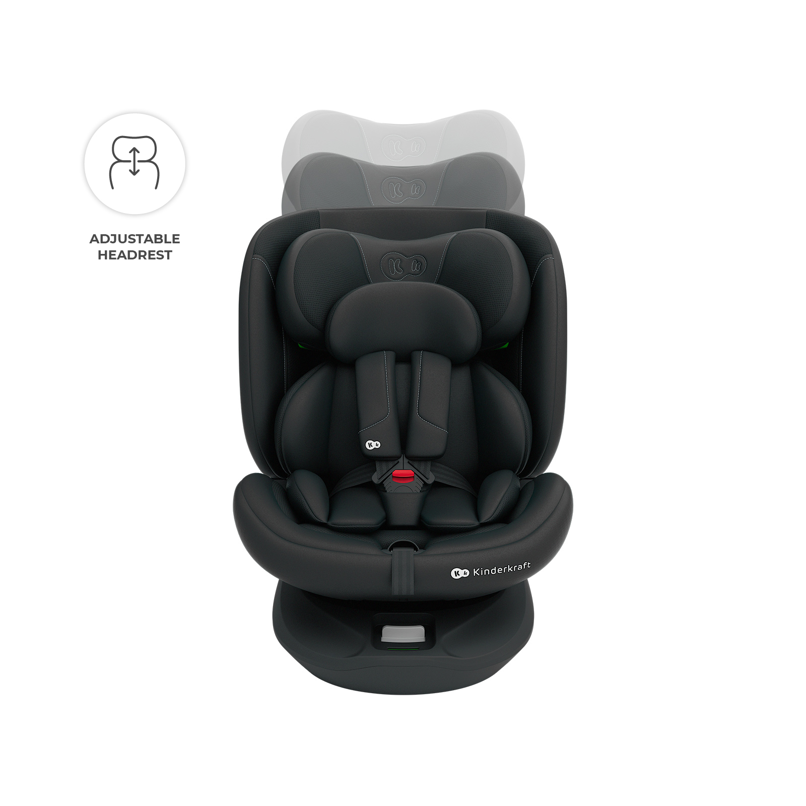 Asiento de coche negro con reposacabezas ajustable y arnés de 5 puntos.