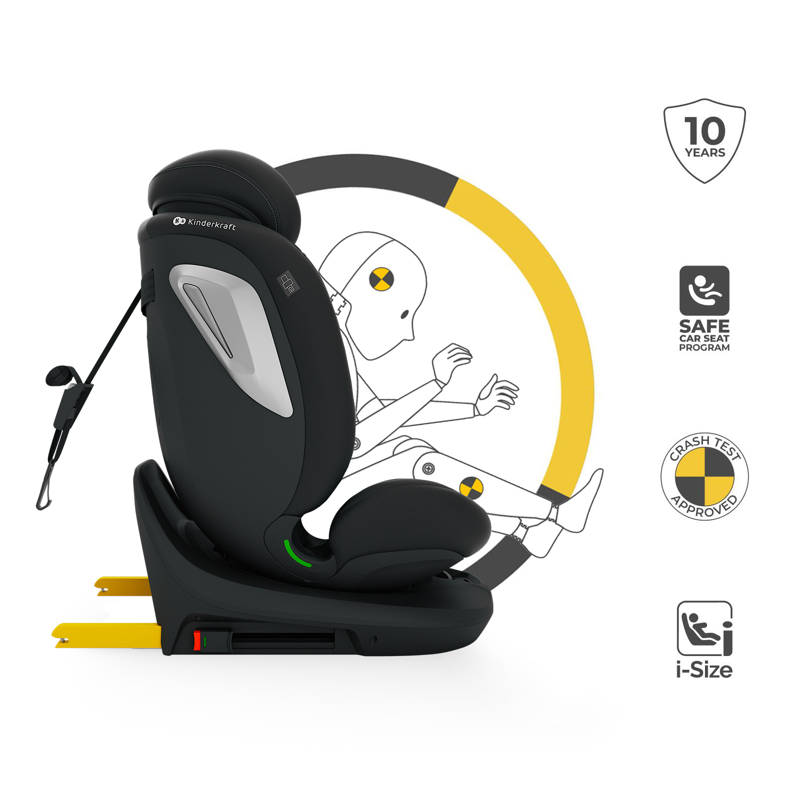 Schwarzer Kinderkraft i-Size Autositz mit Crash-Test-Dummy-Grafik und Sicherheitssymbolen.