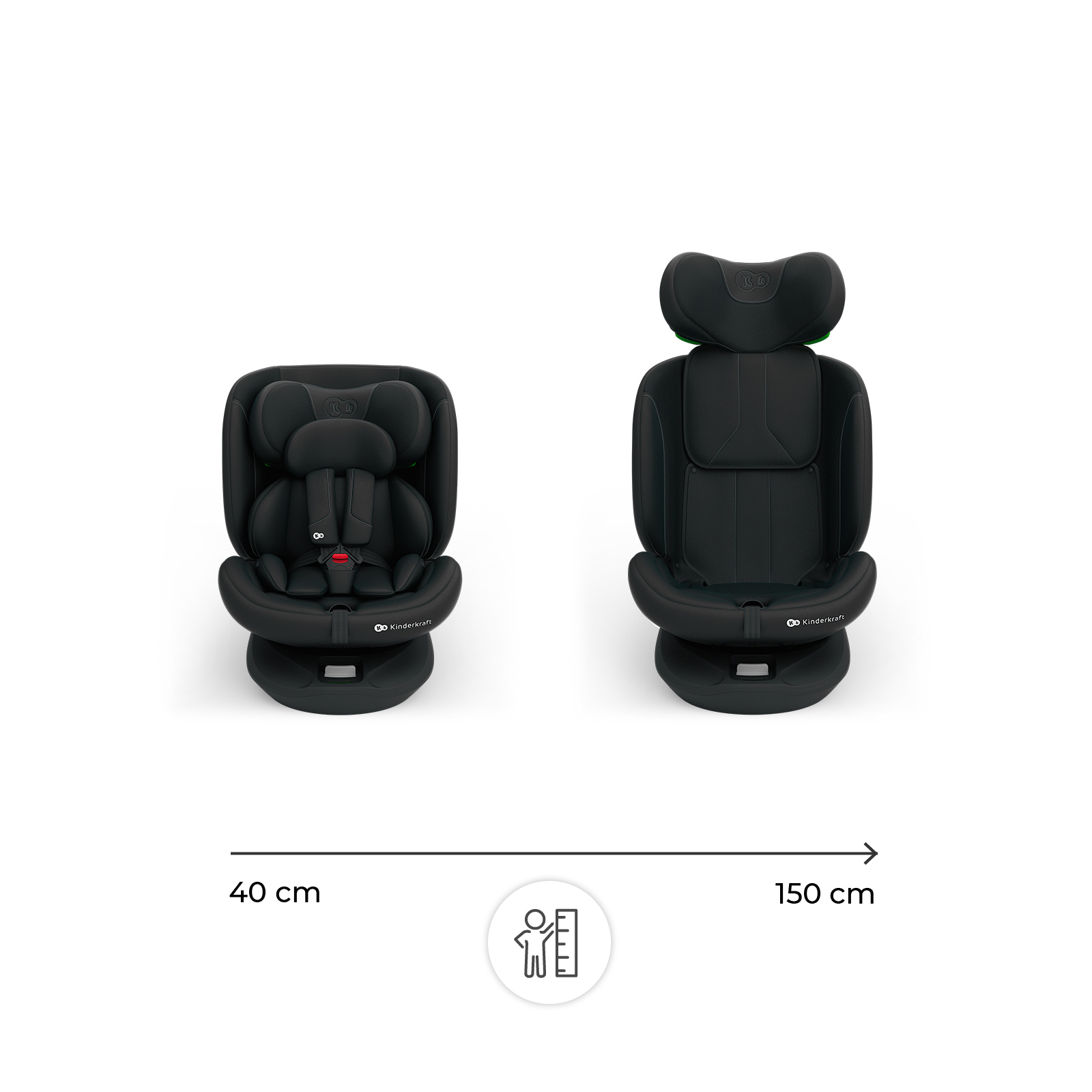 Dos sillas de coche negras, una de 40cm, la otra de 150cm, con indicador de altura.