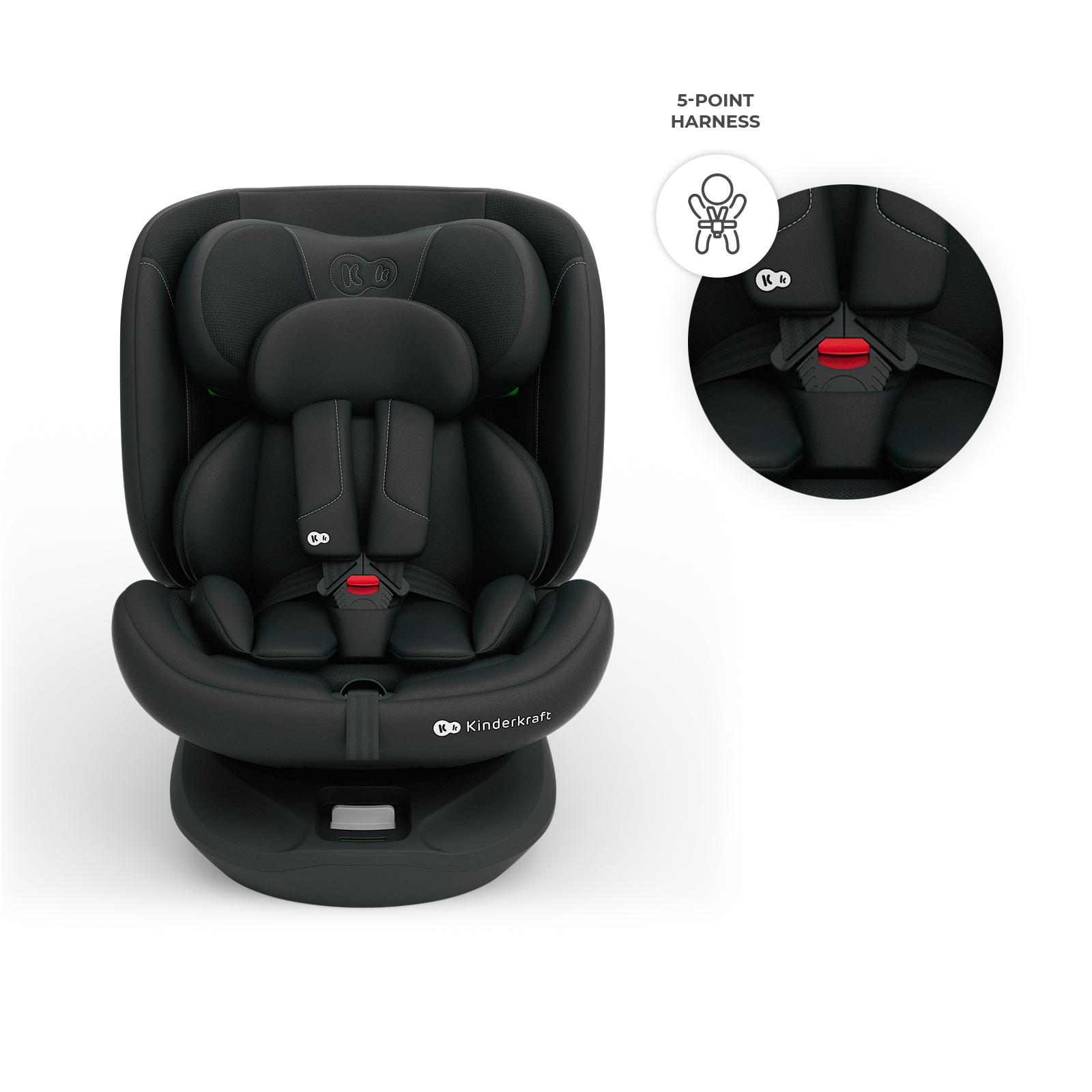 Silla de coche negra para niños con arnés de 5 puntos.