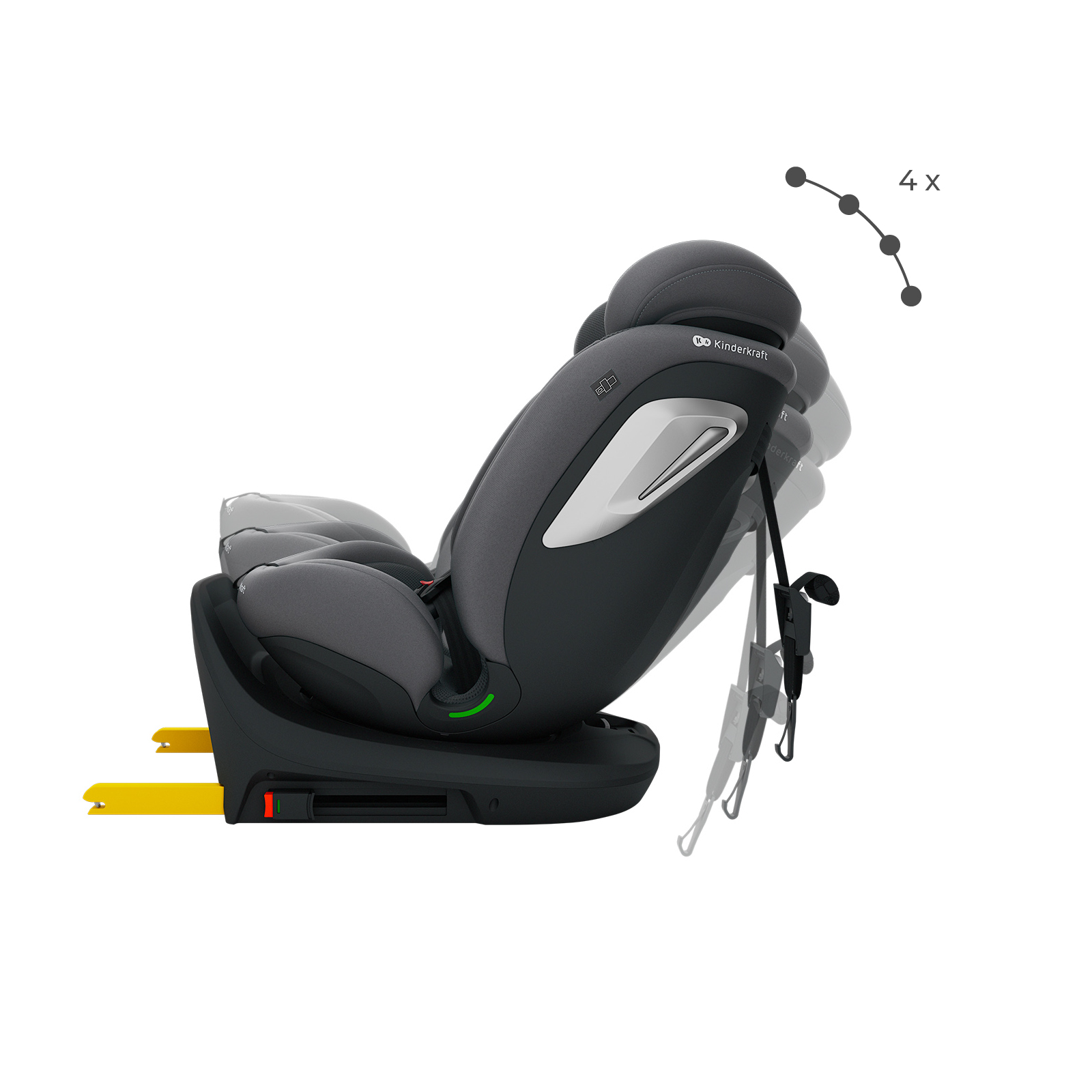Grauer Kindersitz mit gelben ISOFIX-Armen und Verstellanzeige.