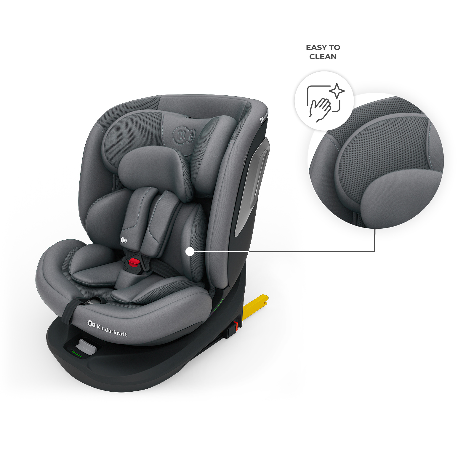 Grauer Kindersitz mit Details zu Reinigung und Komfort.