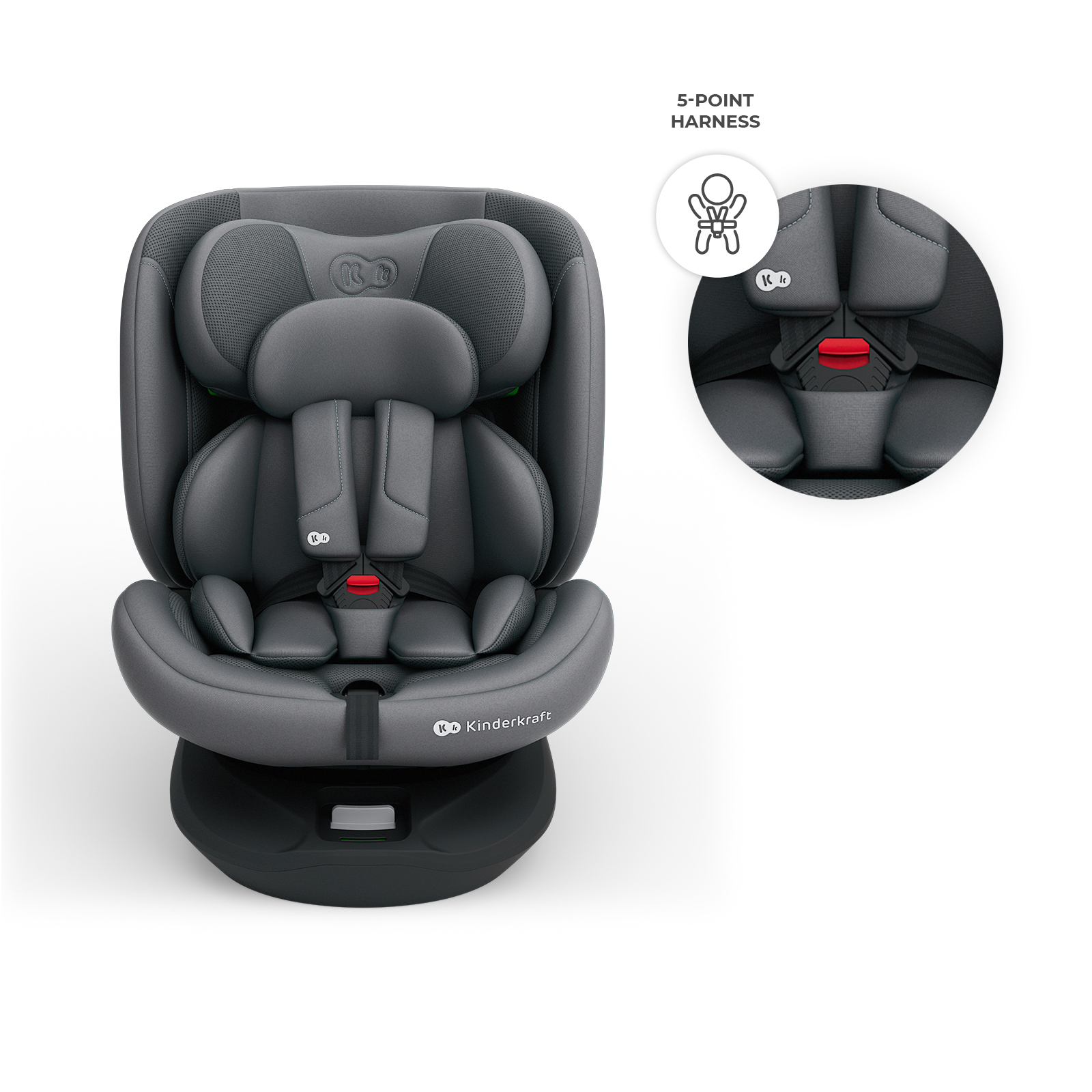 Asiento de coche gris para niños con arnés de 5 puntos.