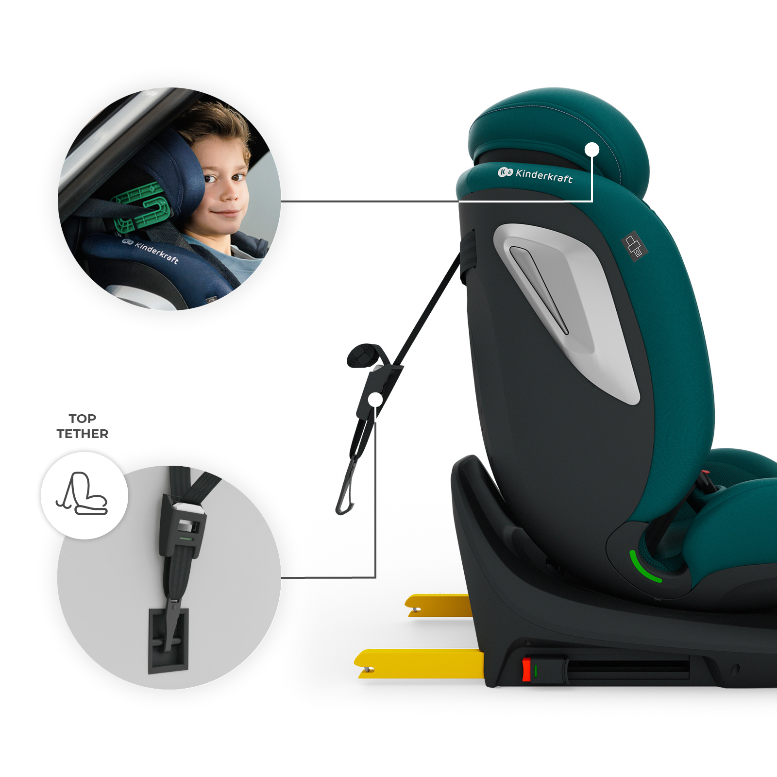 Silla de coche para niños con niño, top tether y anclaje Isofix.