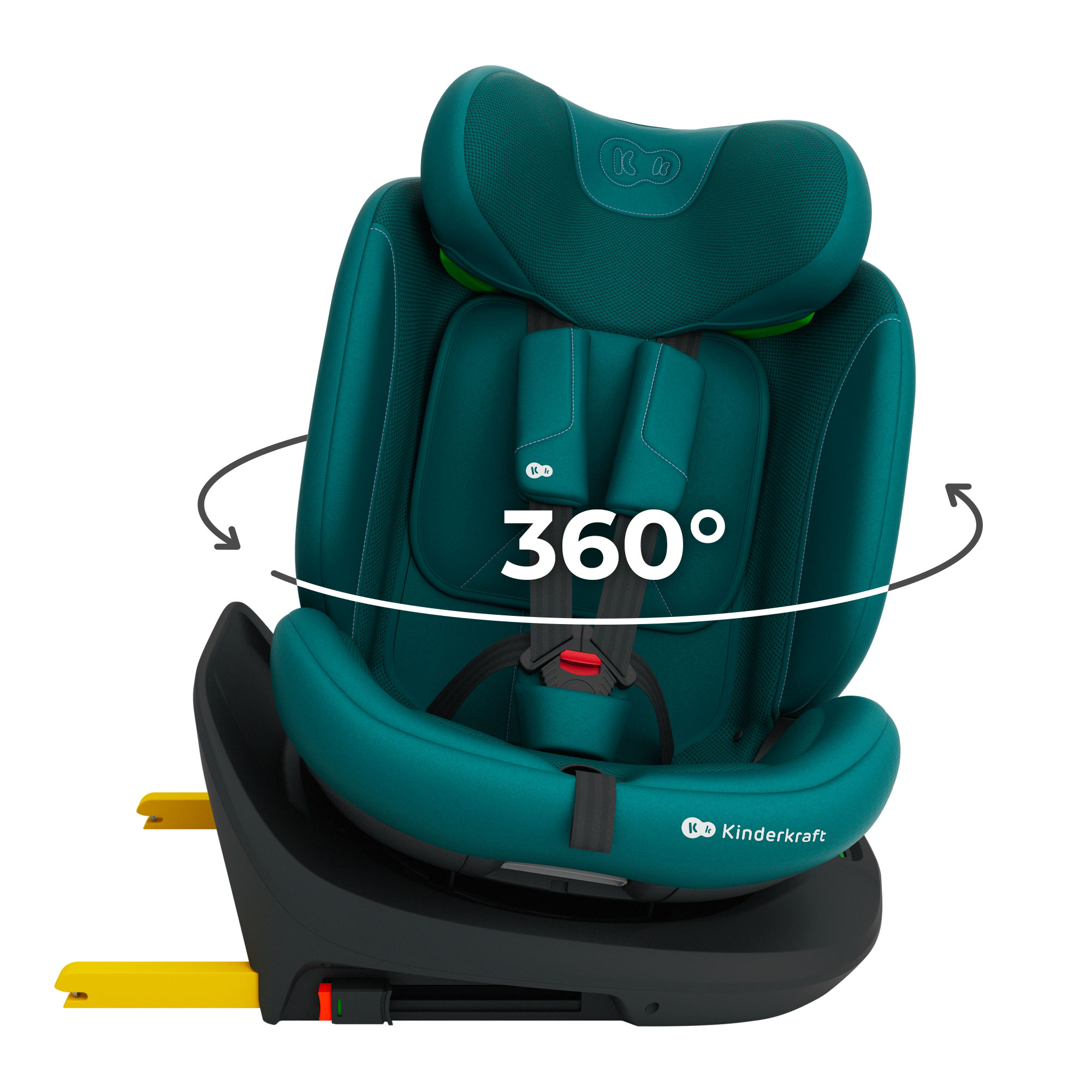 Asiento de coche turquesa con función de giro de 360° sobre fondo blanco.