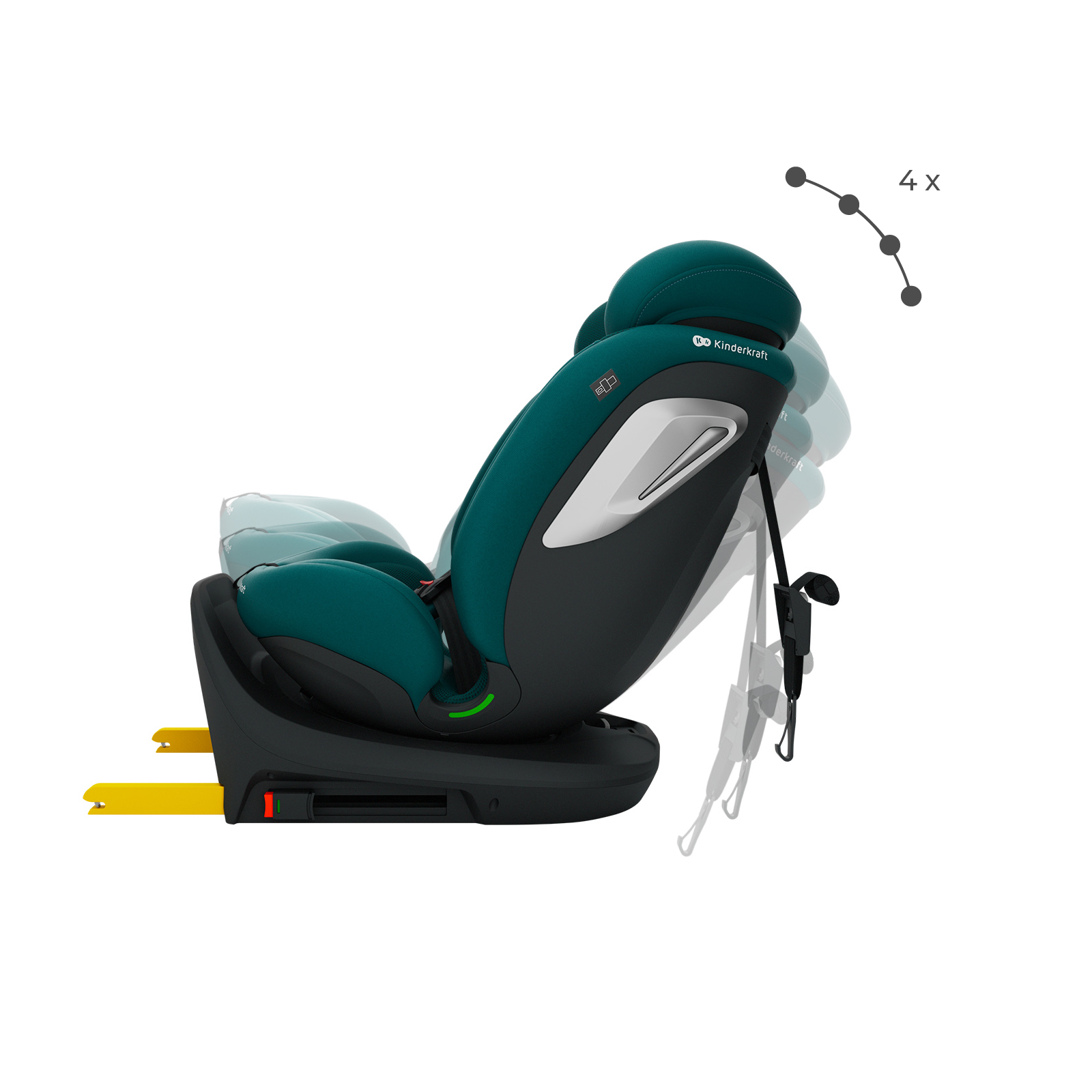 Asiento infantil de coche verde azulado con reposacabezas ajustable y conectores ISOFIX.