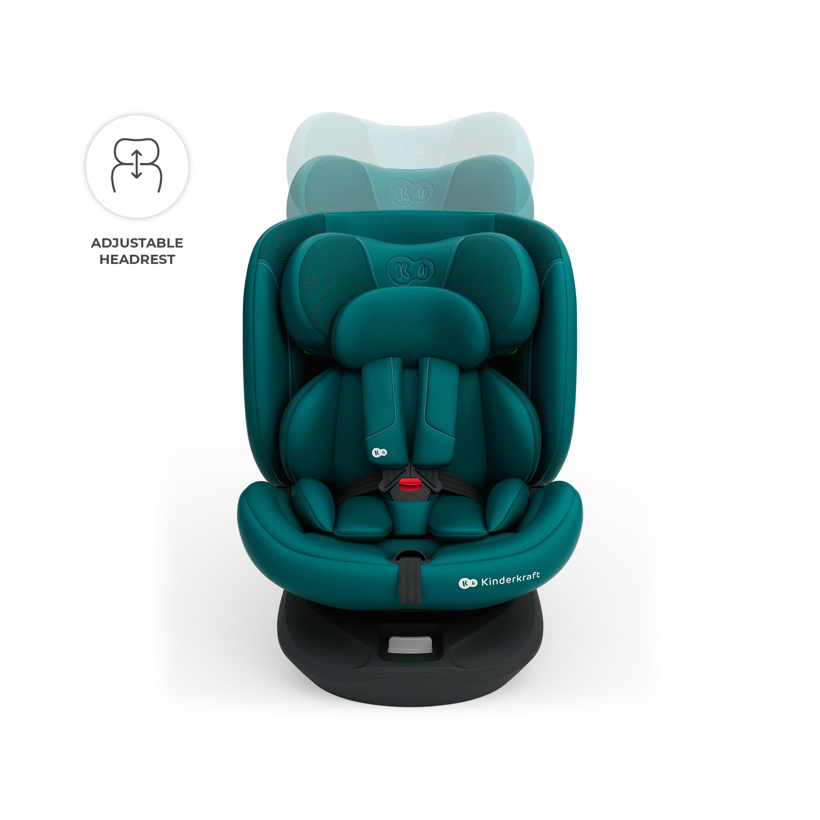 Un asiento de coche verde azulado con reposacabezas ajustable y arnés de 5 puntos.