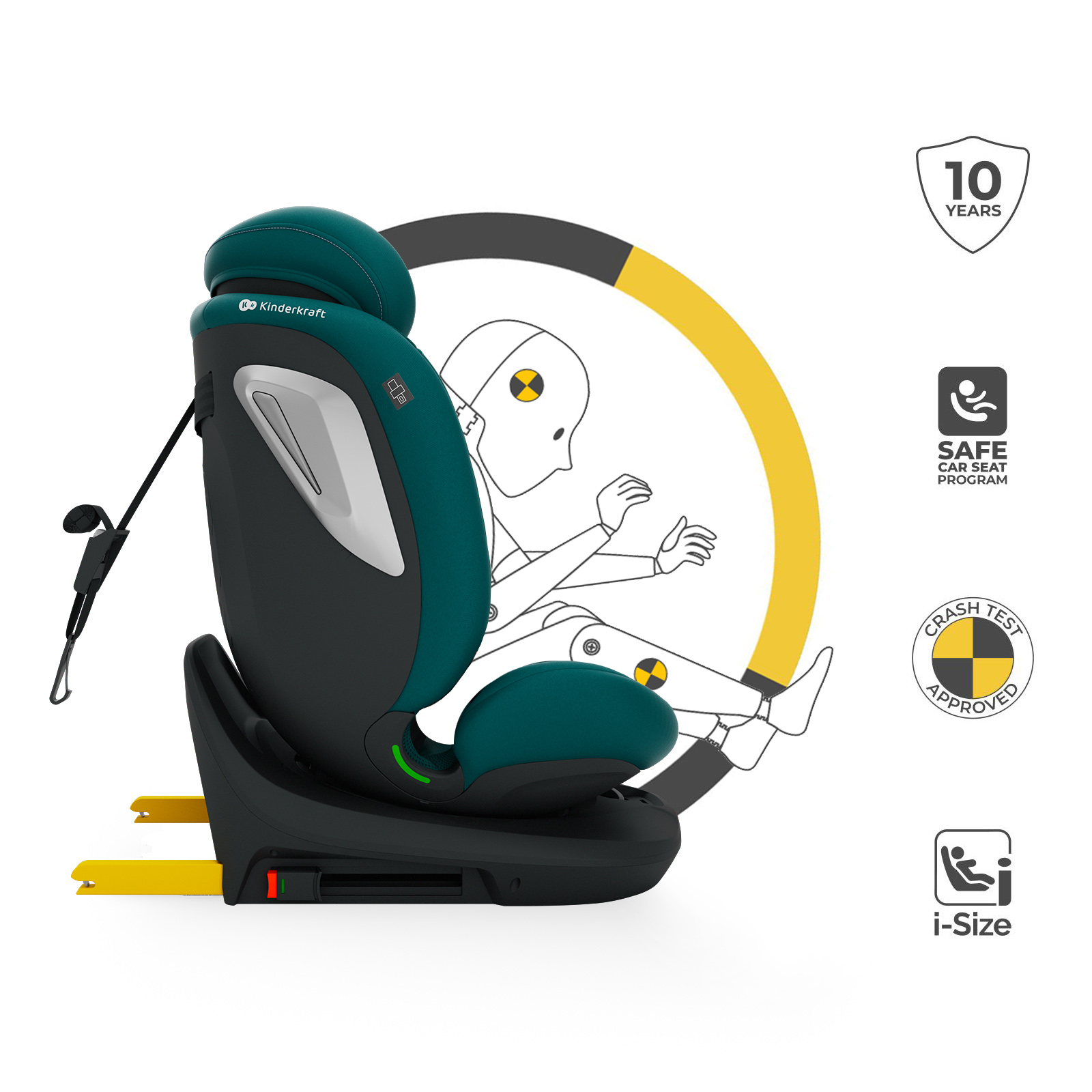Ein türkiser Kindersitz mit Gurt und einem Crash-Test-Dummy-Diagramm.