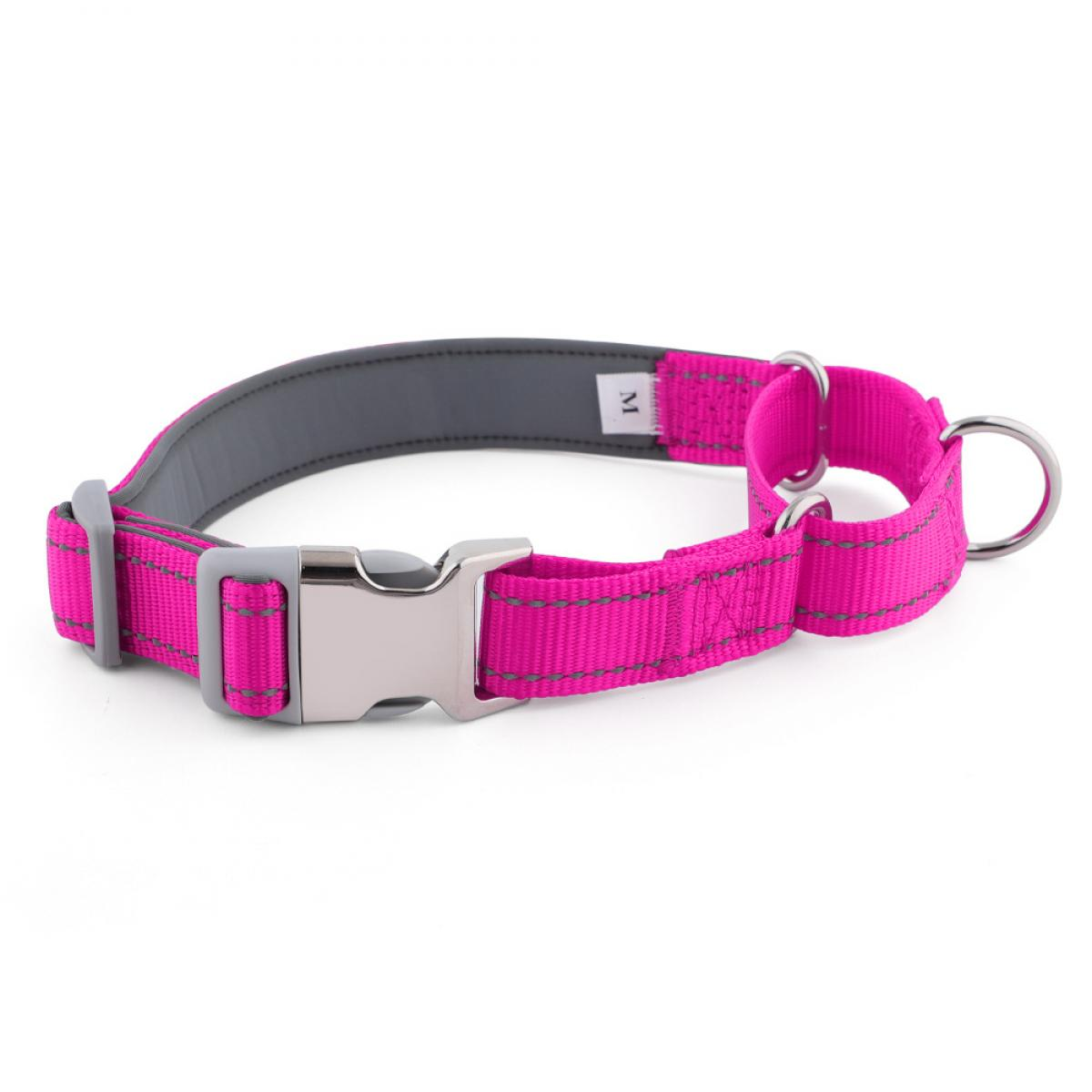 Ein pinker Hundehalsband mit silberner Schnalle und Metallringen, Größe M.