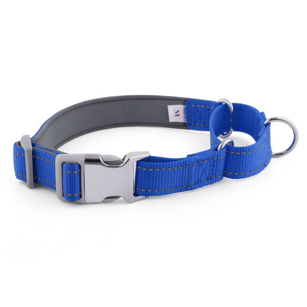 Blauer Hundehalsband mit Metallschnalle und Ring auf weißem Hintergrund.