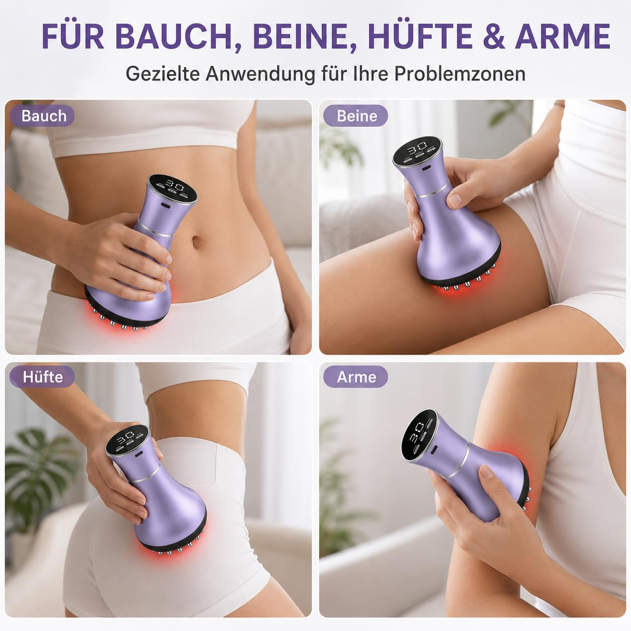 Vier Bilder zeigen Anwendung eines lila Geräts am Bauch, Bein, Hüfte und Arm.