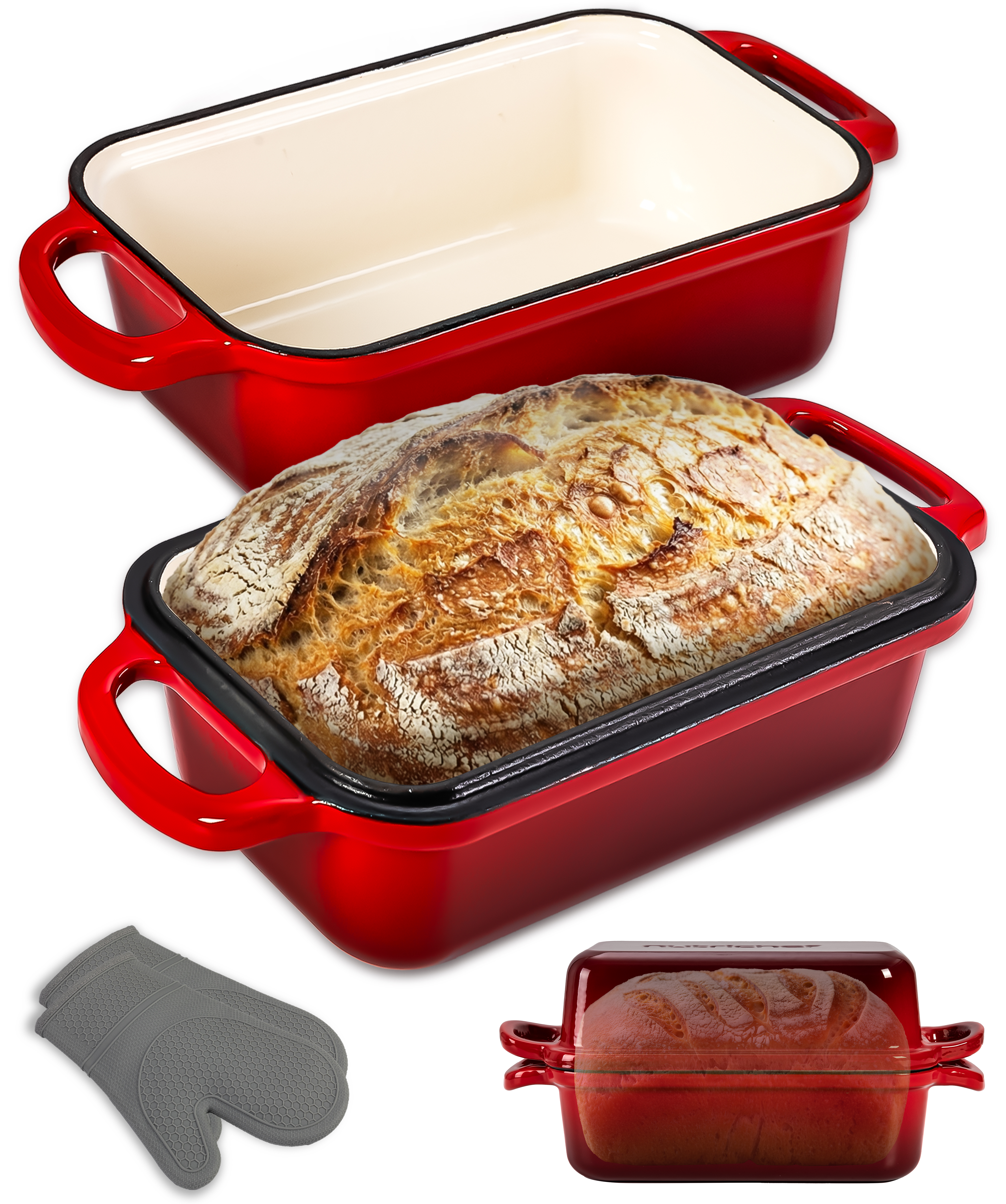 Rote Auflaufform mit Brot, daneben graue Topflappen und eine weitere Auflaufform.