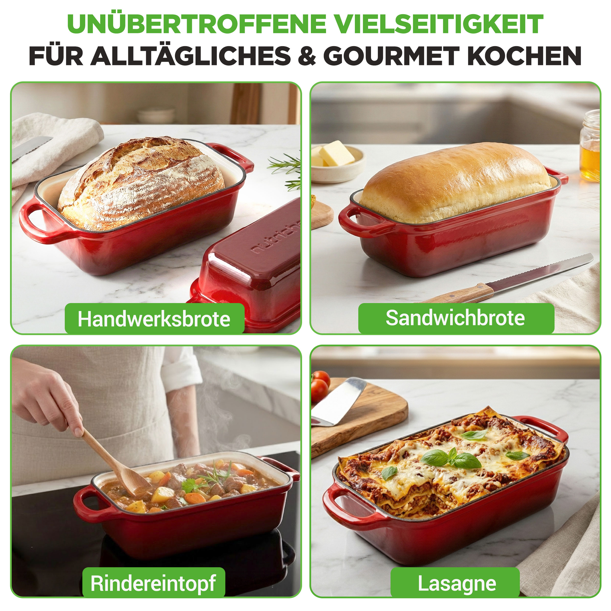 Vier rote Auflaufformen mit verschiedenen Speisen: Brot, Sandwichbrot, Eintopf und Lasagne.