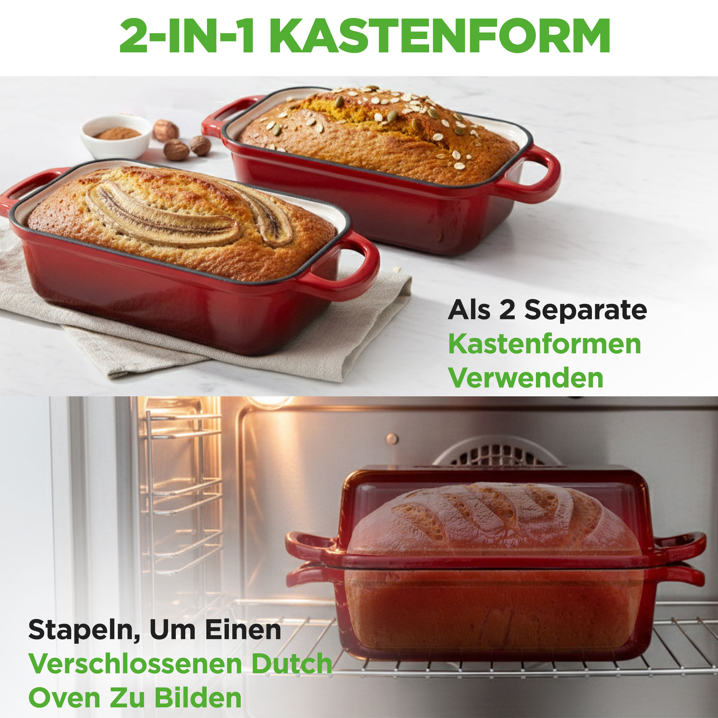 Zwei rote Kastenformen mit Brot und Bananenbrot, eine im Ofen.