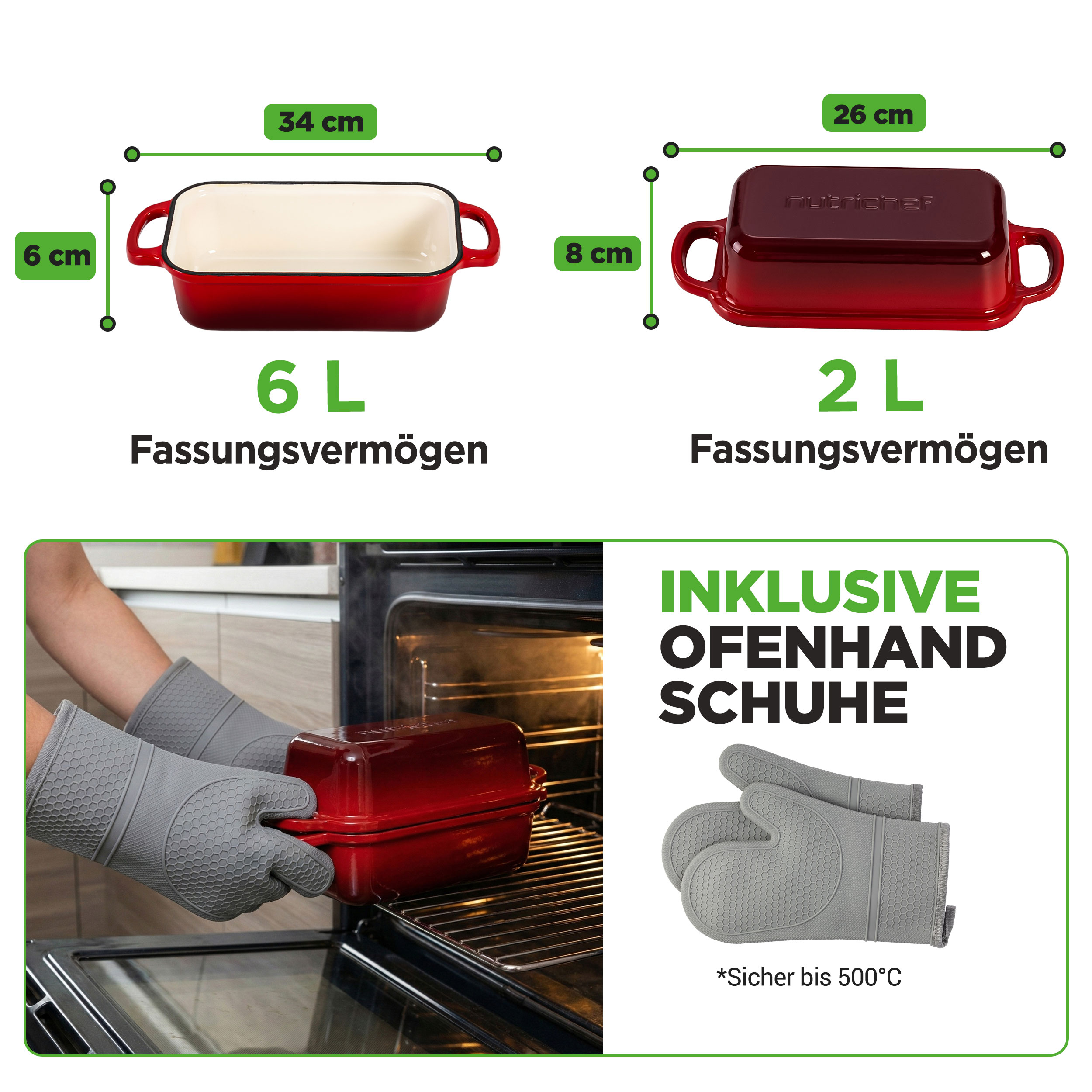 Zwei rote Gusseisen-Kochformen, eine groß und eine klein, mit Ofenhandschuhen.