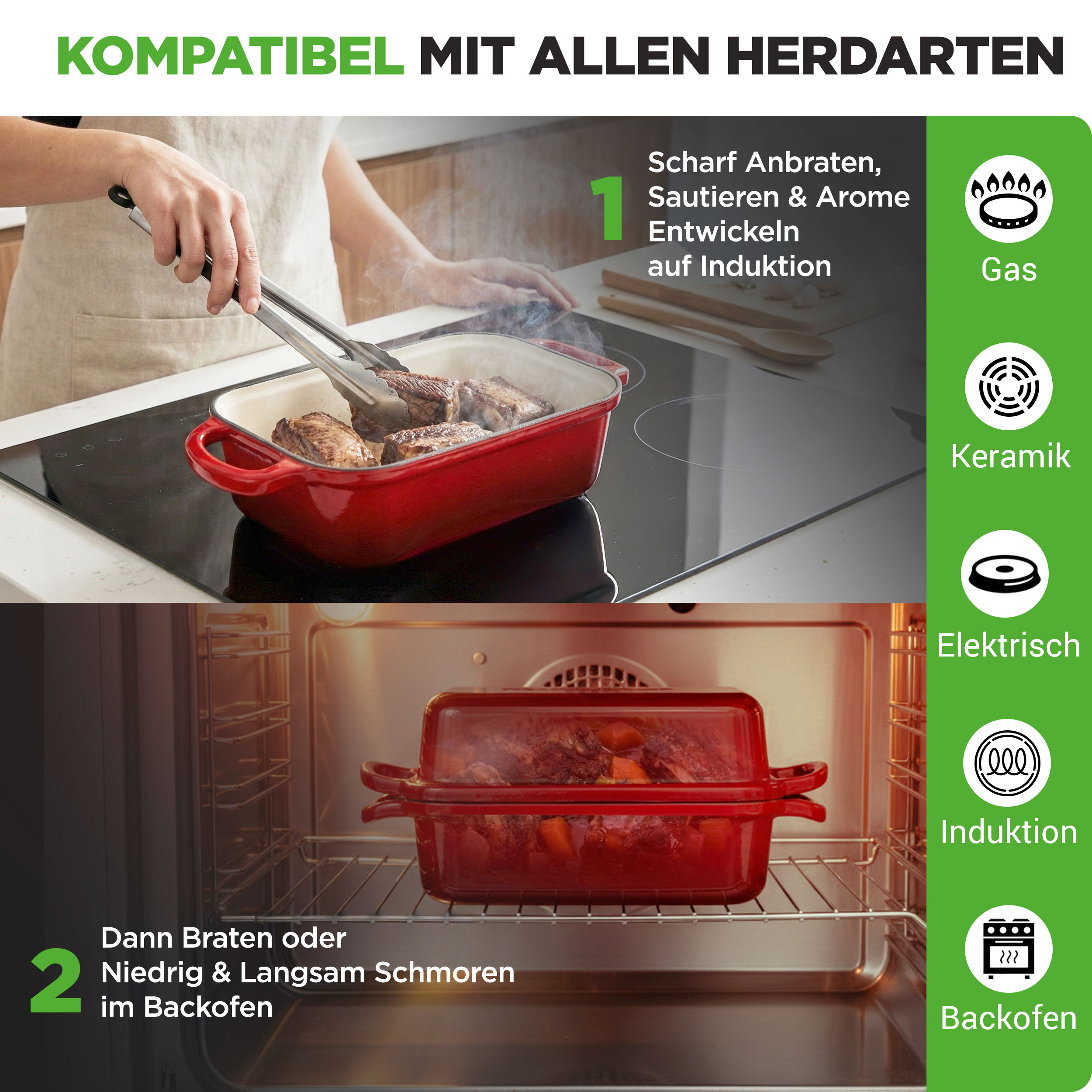 Rotes Kochgeschirr auf Induktion und im Ofen. Kompatibel mit allen Herdarten.