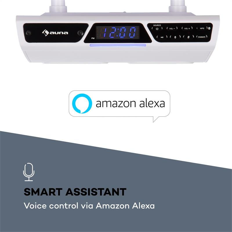 Ein weißes Gerät mit blauem Display zeigt 12:00 Uhr. Amazon Alexa-Logo.