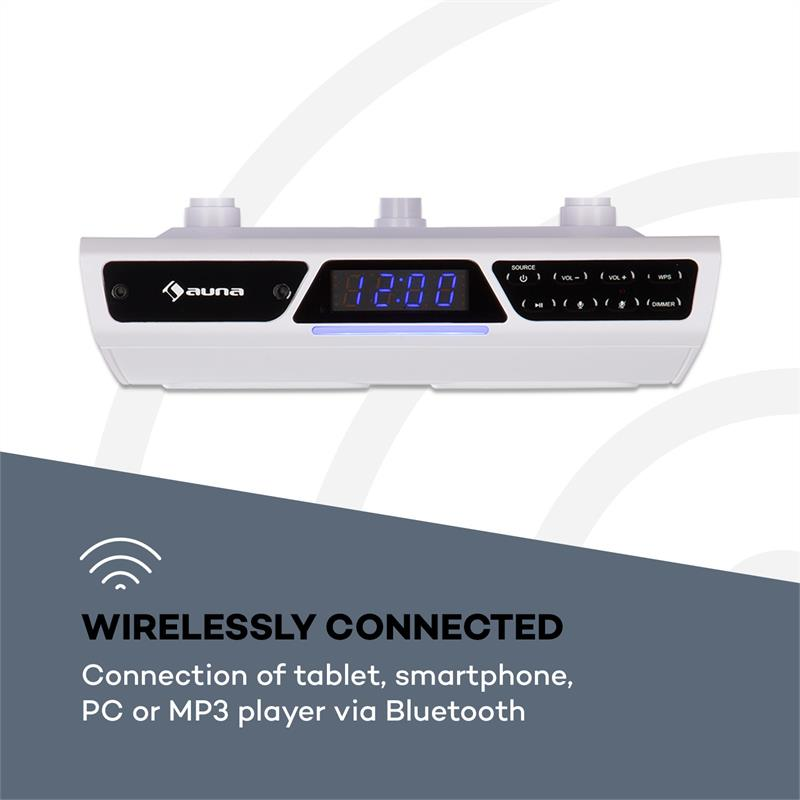 Ein weißes Gerät mit Digitalanzeige und Bedienelementen, unten Text über Bluetooth-Verbindung.