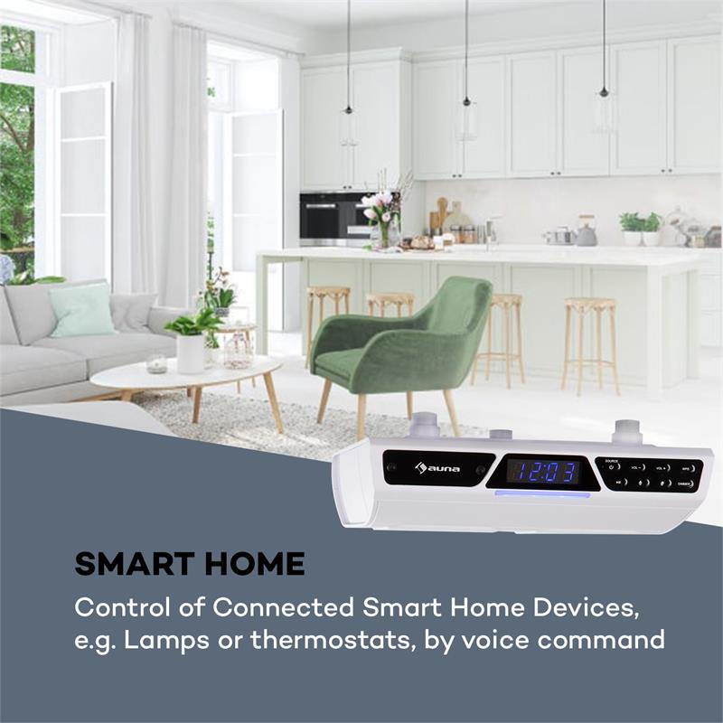 Modernes Wohnzimmer mit Küche und Smart-Home-Steuerung.