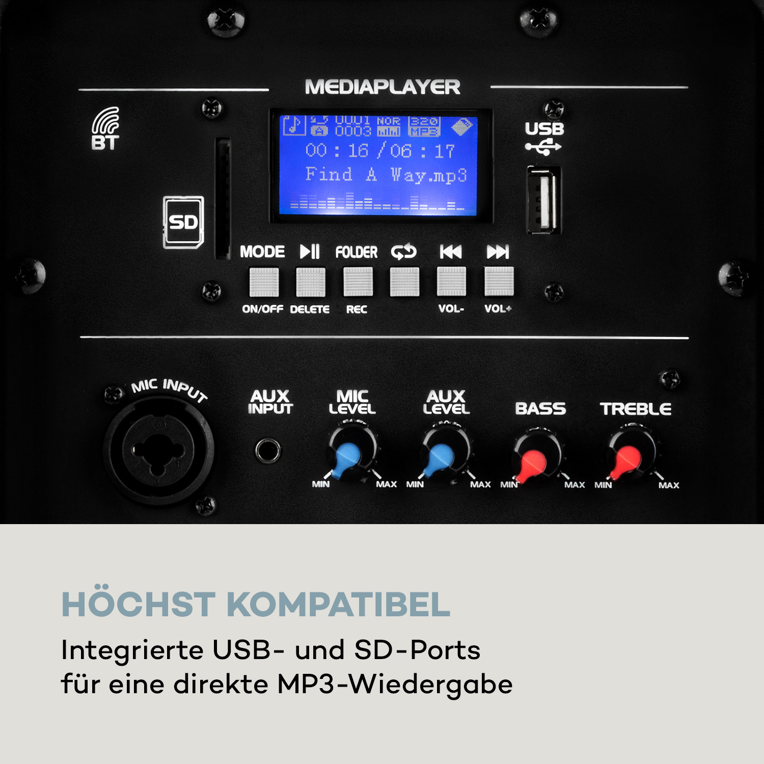 Ein schwarzes Mediaplayer-Bedienfeld mit blauem LCD, Tasten und Anschlüssen.