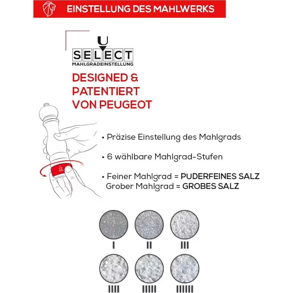 Illustration erklärt Peugeot Mühle: 6 Mahlgradeinstellungen mit Salzbeispielen.