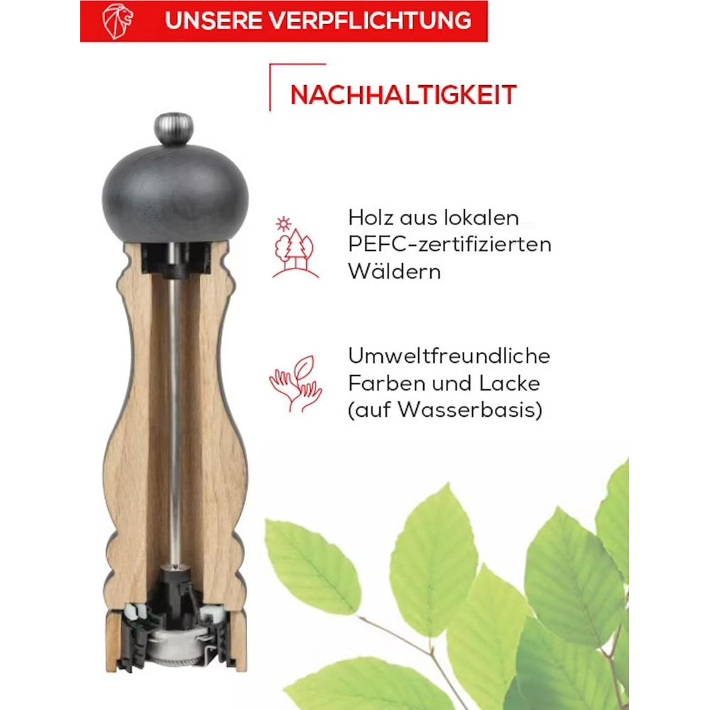 Holzmühle mit Hinweisen zu Nachhaltigkeit, lokalen Wäldern und umweltfreundlichen Farben.