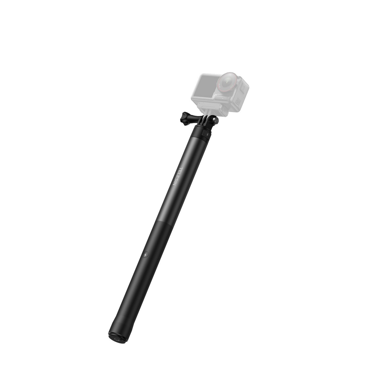 Schwarzer Selfie-Stick mit Kamera-Halterung, weißer Hintergrund.