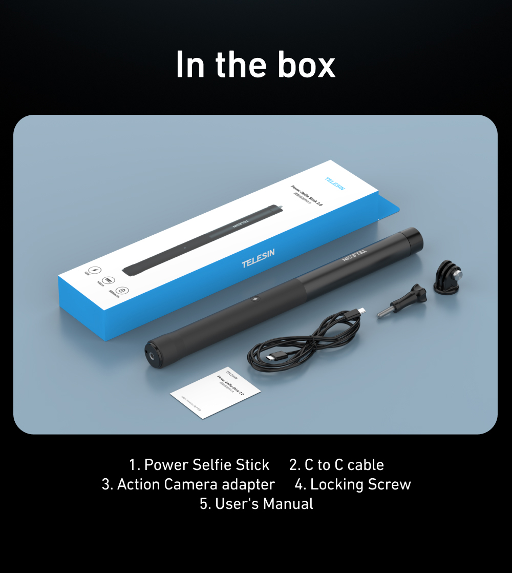Inhalt der Box: Selfie-Stick, USB-C-Kabel, Adapter, Schraube, Handbuch.