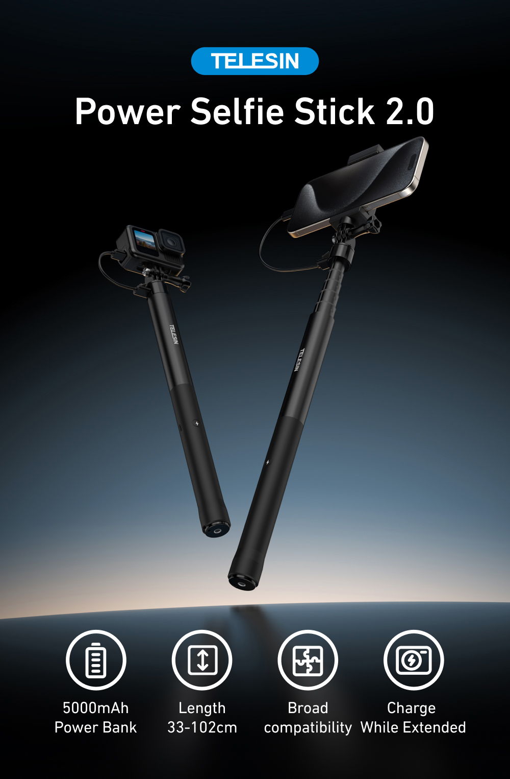 Zwei schwarze Teleskop-Selfie-Sticks mit Kameras und einem Handyhalter.