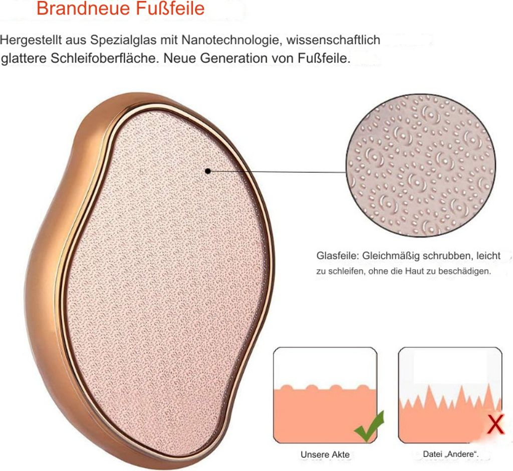 Rosegoldene Fußfeile mit Nanotechnologie-Oberfläche und Detailansicht.