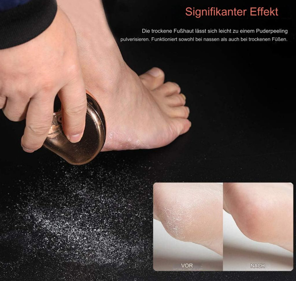 Ein Gerät entfernt trockene Haut von einem Fuß, mit Vorher-Nachher-Bildern.