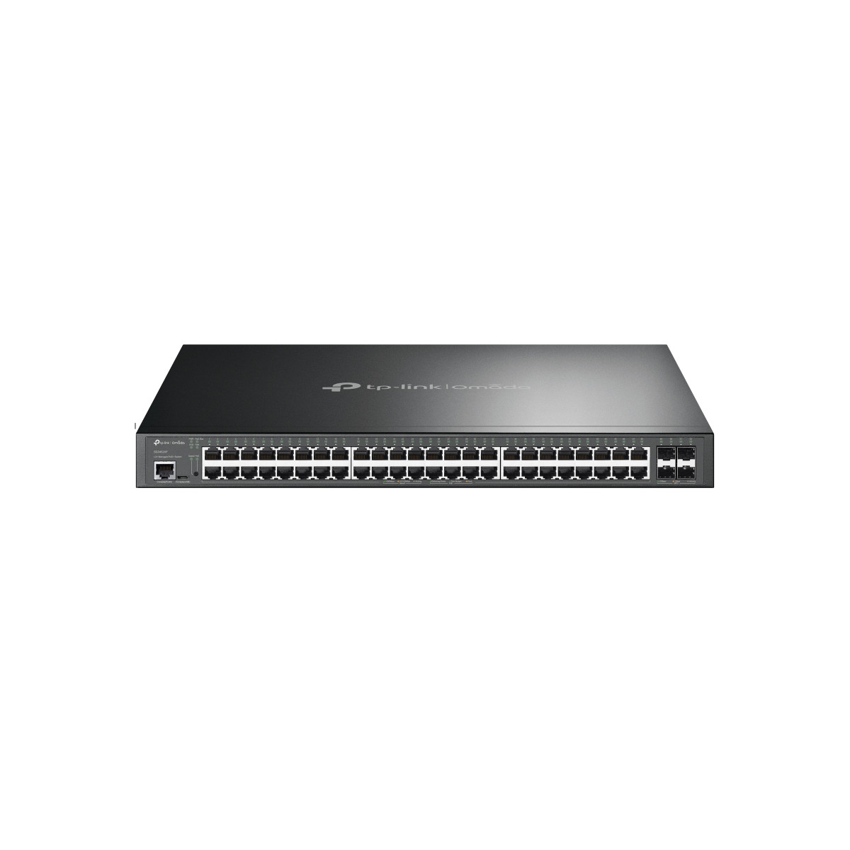 Schwarzer Netzwerk-Switch mit vielen Anschlüssen und TP-Link-Logo.