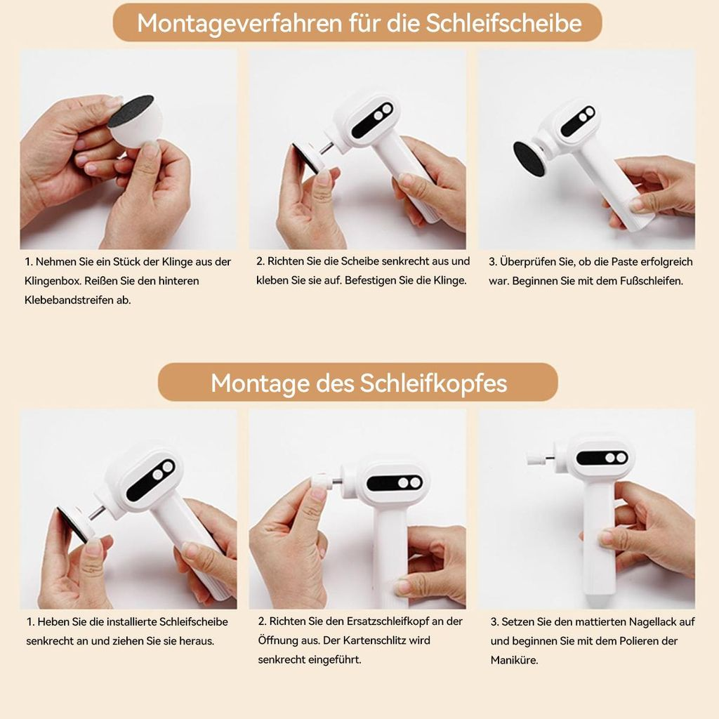 Schritte zur Montage einer Schleifscheibe und eines Schleifkopfes mit Händen und Werkzeugen.