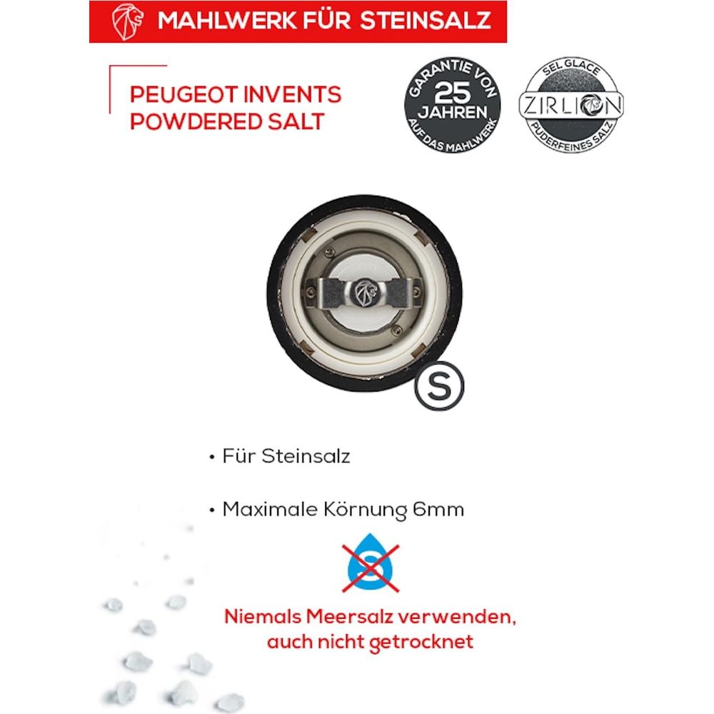 Mahlwerk für Steinsalz mit Peugeot-Logo, 25 Jahre Garantie, S-Symbol.