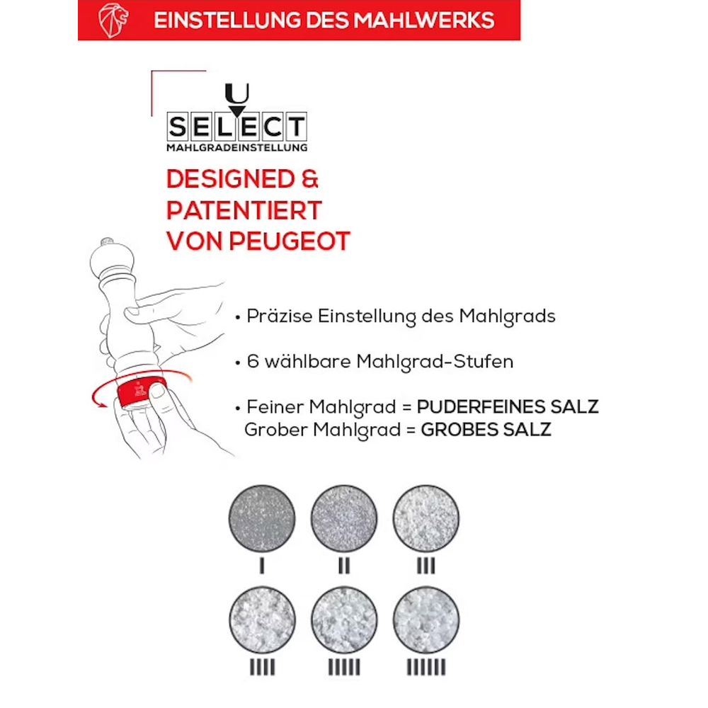 Anleitung zur Einstellung des Mahlwerks von Peugeot mit 6 Stufen für Salz.