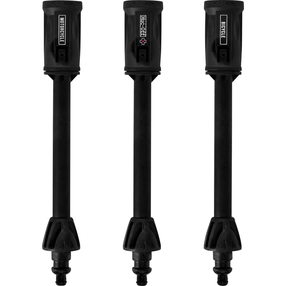Drei schwarze Sprühköpfe für Fahrrad, Motorrad und Muc-Off.