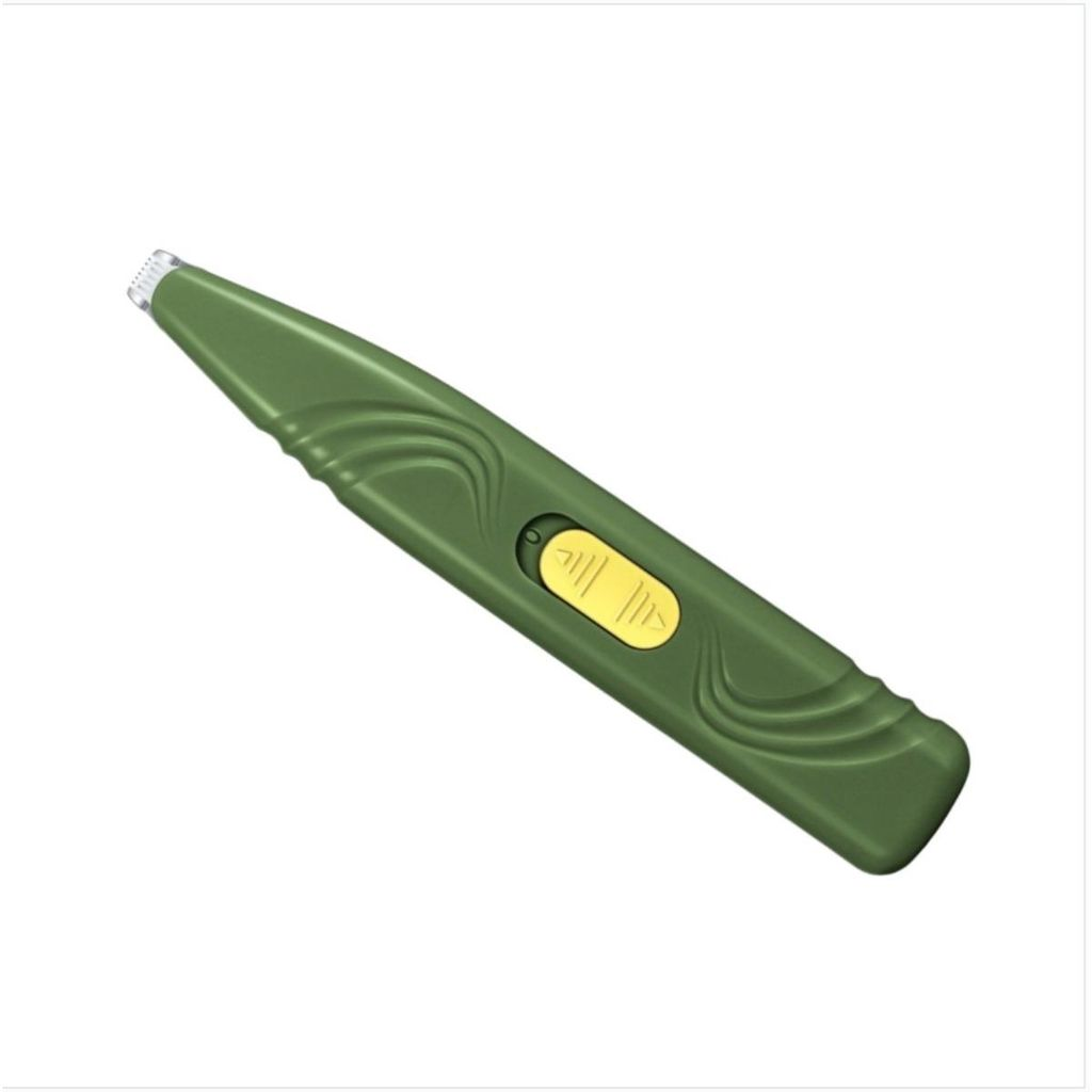 Ein grüner Trimmer mit gelbem Knopf, auf weißem Hintergrund.