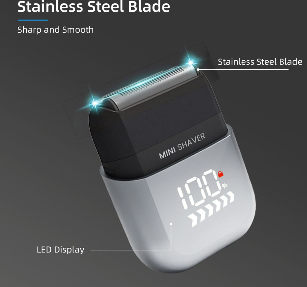 Ein Mini-Rasierer mit Edelstahlklinge und 100% LED-Anzeige.