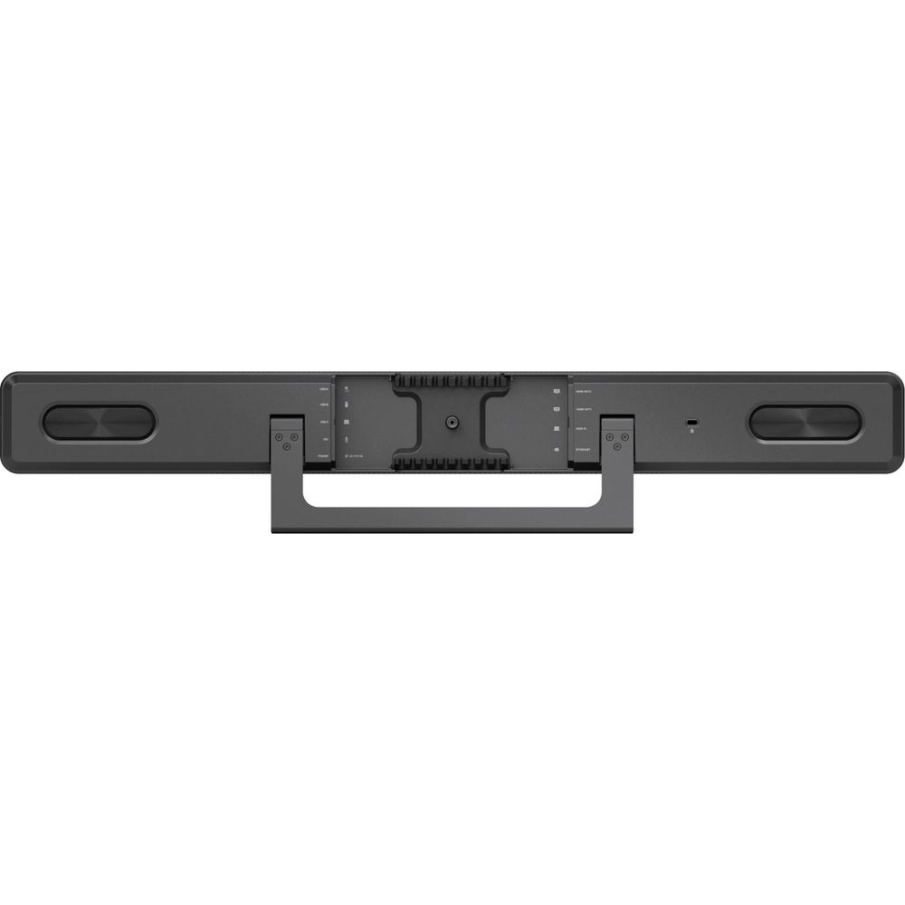Schwarzer Soundbar mit Anschlussfeld und Ständer. Links und rechts sind ovale Lautsprecher.