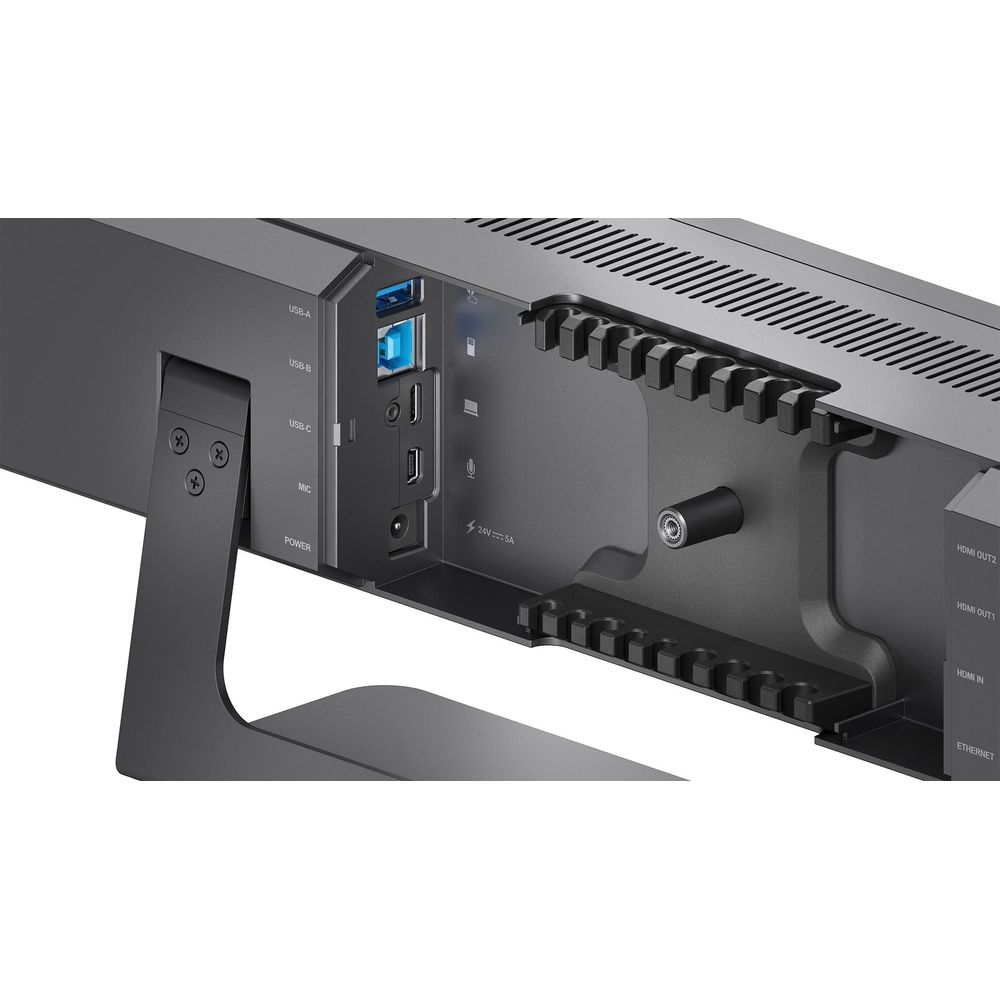 Rückseite eines Geräts mit USB-A, USB-C, MIC, Strom, HDMI und Ethernet-Anschlüssen.