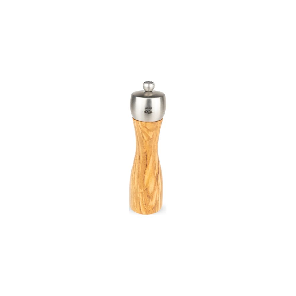Ein Holzmühlen-Pfeffermühlen-Set mit Metallspitze und Logo.
