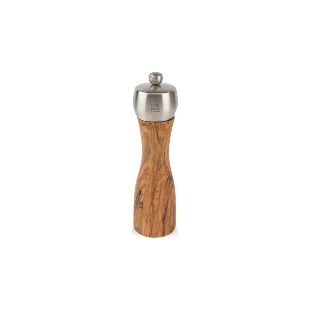Holzmühle mit Metalloberseite und Peugeot-Logo.