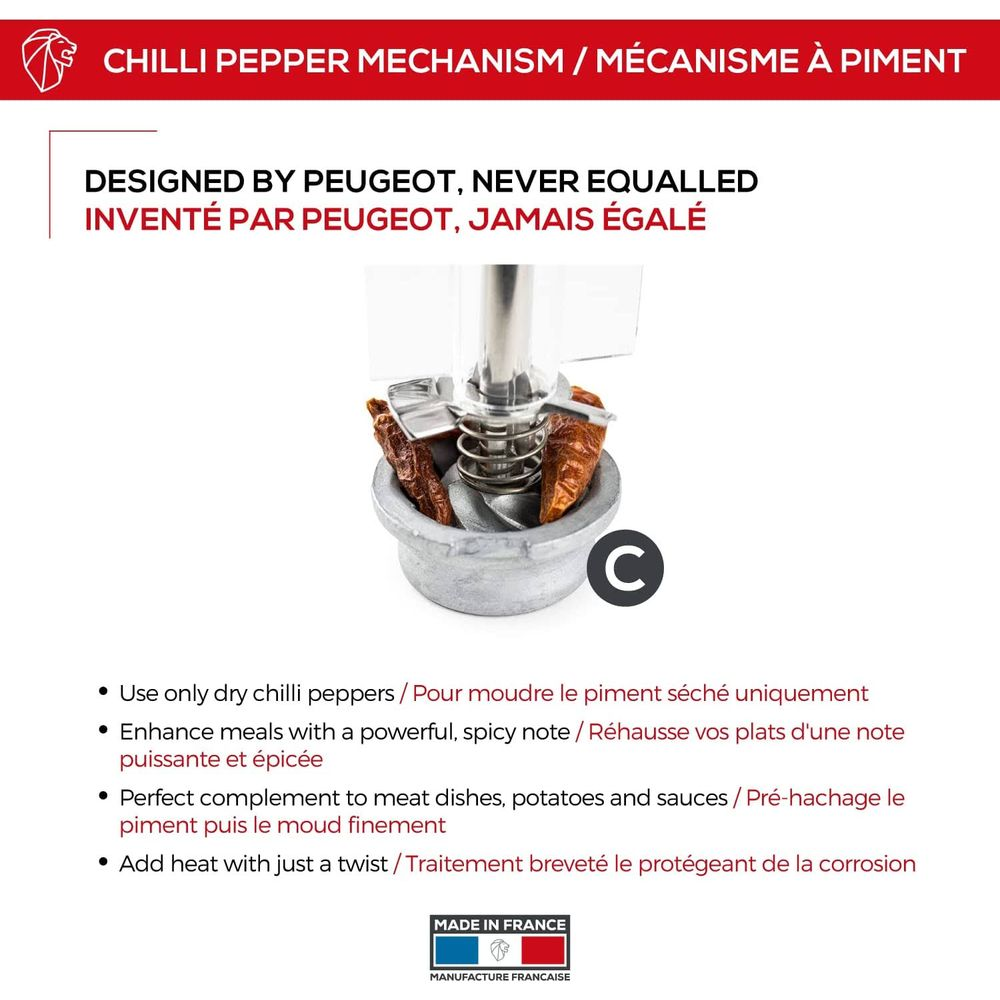 Chilischoten-Mahlwerk von Peugeot, mit getrockneten Chilis.